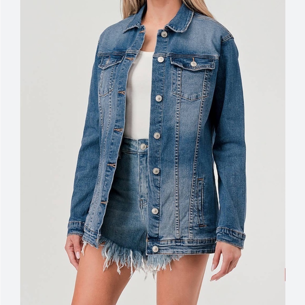 LuLaRoe Long Line Jaxon Blue Jean Jacket Embroidered Back